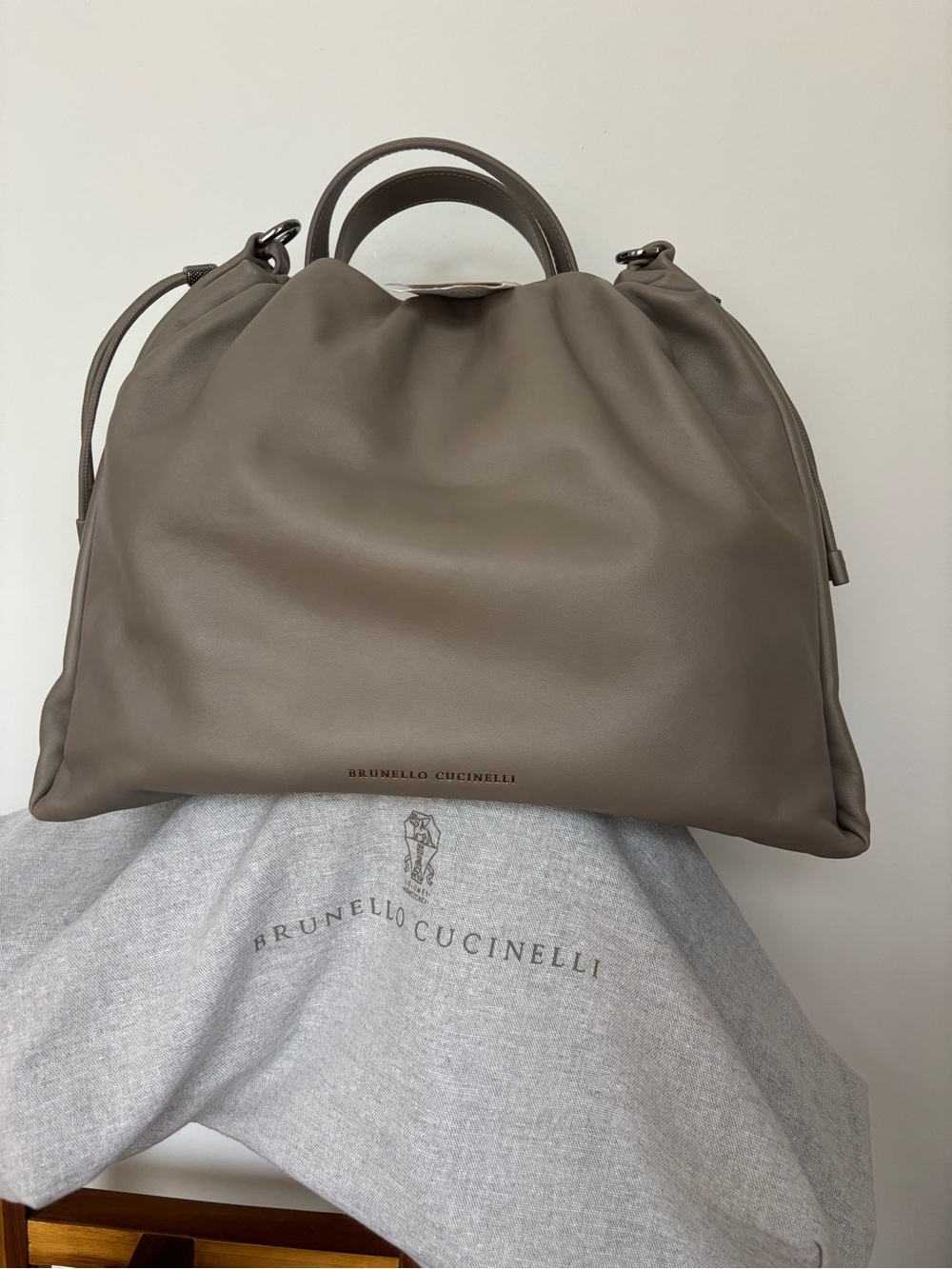 Brunello  Cucinelli Soft Leather ShoulderBag Taupe Pietra Serena-NWT-$4950